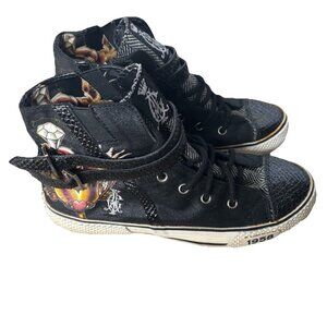 Christian Audigier 1958 Fashion High Top Black Sneakers Tattoo Print Womens 7